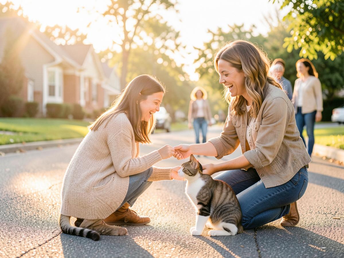 A woman reunited with her lost cat on a neighborhood street at golden hour