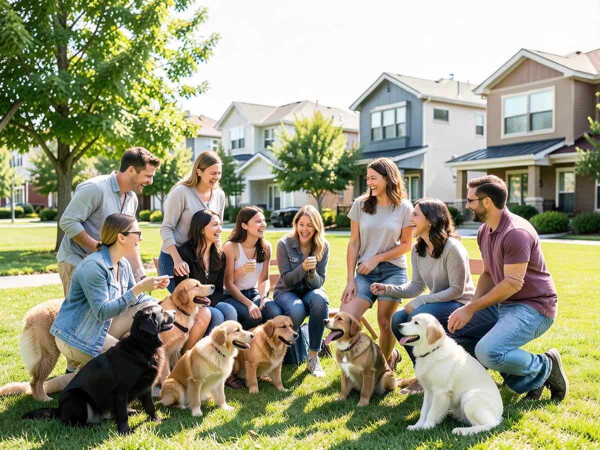 Neighbors and their dogs gathered together in a sunny community park