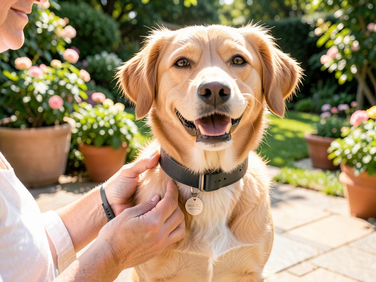 Owner adjusting a modern collar with an ID tag on a happy dog in a sunny garden